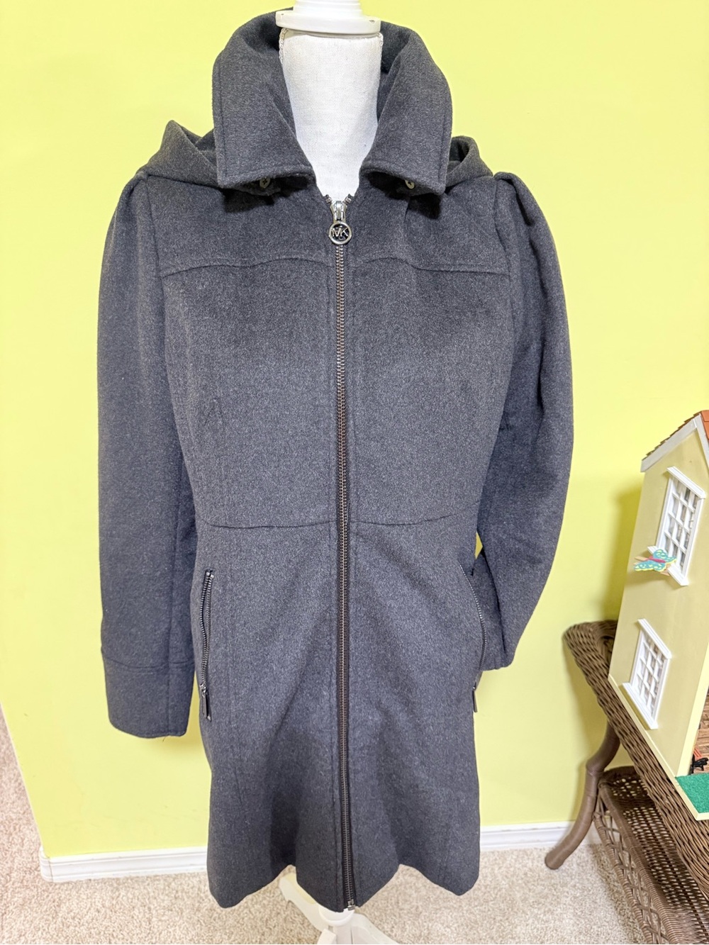 Michael Kors Dark Gray Hooded Wool-Blend Trench Coat